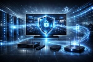 Secure Smartiflix IPTV streaming protected by encrypted data and home network security.