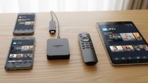 A collection of popular streaming devices like a Firestick, Android TV box, and smartphone, all compatible with IPTV services in the USA.