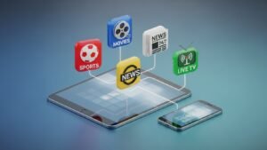 Illustration comparing features of different IPTV services on mobile and tablet devices.