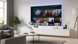 A modern American living room with a Smart TV displaying multiple IPTV channels in HD and 4K.