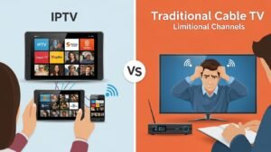 Comparison of IPTV streaming on multiple devices versus traditional cable TV with limited channels.