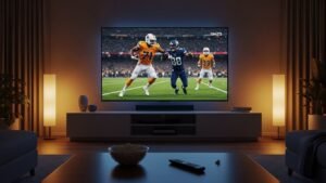 Family living room setup with a large smart TV streaming the Best IPTV USA 2025 content.