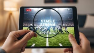 A close-up of a person inspecting the 4K stream quality of an IPTV service on a tablet with a magnifying glass to check for buffering.