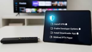 A checklist for safely installing IPTV on a Firestick, featuring a remote and a VPN shield icon, representing the best secure method.