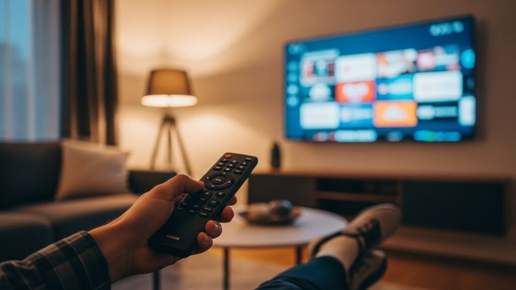 A person in a US living room using a remote to find the best IPTV service USA on their modern smart TV with a colorful interface.