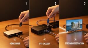 A multi-step photographic guide illustrating how to connect an HDMI source, an encoder box, a router, and a smart TV for IPTV streaming.