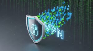 3D conceptual illustration of a VPN shield protecting streaming data from ISP throttling.