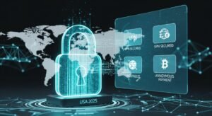 A conceptual illustration of a secure VPN connection for global IPTV streaming, showcasing security tips for the best IPTV subscription USA in 2025.