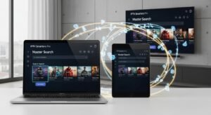 A composite shot of a MacBook, iPad, and a large mounted Smart TV, all displaying the IPTV Smarters Pro app’s identical interface and Master Search feature, connected by glowing holographic data lines.