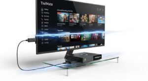 A close-up view of an Amazon Firestick and Nvidia Shield connected to a TV screen, which displays the TiviMate player interface’s advanced recording schedule, with flowing blue data graphics symbolizing optimized performance.