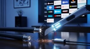 A conceptual photograph showing a severed traditional cable TV cord lying next to a modern streaming stick connected to a TV displaying IPTV content in a US home.