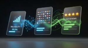 A 3D render illustrating a comparison between multiple IPTV providers, highlighting key decision factors like server reliability, diverse channel selection, and top customer ratings.