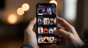 Close-up of a hand holding a smartphone, showcasing a movie library interface on an IPTV-based Video on Demand (VOD) app.