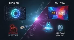 A split conceptual illustration: the left side shows a buffering screen and broken internet connection; the right side shows a flawless 4K stream and a secure VPN router, demonstrating performance optimization.