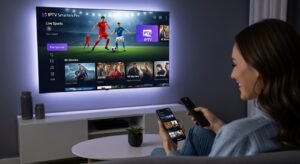A woman comfortably navigating a vibrant IPTV Smarters user interface on a Smart TV in a modern living room.