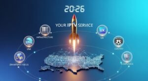 An infographic illustrating an IPTV service rocket launching above a connected USA map, surrounded by pillars of expansion for 2026.