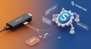 A creative visualization of an Amazon Firestick 4K Max connecting to the IPTV Smarters Pro logo cloud.