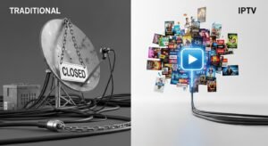 A split-screen comparison between messy traditional cable wires and a clean, vibrant digital IPTV streaming interface.