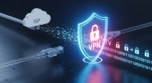 A futuristic digital concept showing a VPN shield intercepting a data stream between a streaming device and an ISP cloud, symbolizing data encryption and protection against throttling.