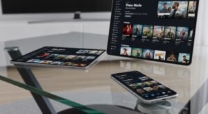 Multiple digital devices, including a smartphone, tablet, and smart TV, displaying various applications used to access premium IPTV providers.
