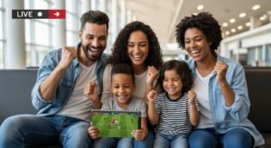 Family watching live sports using IPTV services on a tablet while traveling.