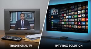 A split-screen comparing a muted, limited traditional TV setup (local news) with a vibrant IPTV setup (infinite menu of global categories).