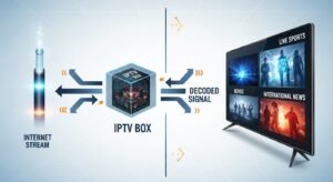 An infographic illustrating how an IPTV box receives data over the internet and decodes it into live channels on a television.