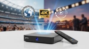 A slick IPTV box with holographic icons above it representing variety (globe and screens), high quality (4K badge), and ease of use/flexibility.
