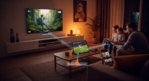 A multi-screen home setup showing a synchronized streaming experience across a 4K TV, tablet, and smartphone in a modern living room.