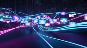 A futuristic conceptual design illustrating fiber optic cables, AI technology, and high-speed data transmission for next-generation IPTV providers.