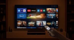 A futuristic modern living room at night focusing on a large Smart TV glowing with diverse global content and the words 'Free Trial' on the screen, indicating a premium unlocked experience.