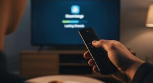 Person holding a remote control pointing at a TV screen, setting up IPTV services on a streaming media device.