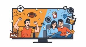 A split-screen concept illustration showing a sports fan cheering and a couple watching a movie, symbolizing the need to audit different household entertainment preferences for an IPTV service.