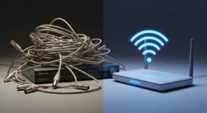 Comparing tangled traditional cable wires with a sleek digital shield representing secure IPTV services
