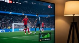 A close-up of a Smart TV screen displaying a live, high-definition soccer match during peak hours with an overlay indicating stable 4K streaming and full signal strength.