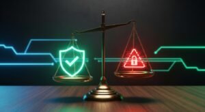 A conceptual image showing the balance and comparison between legal and illegal IPTV providers using a digital scale and a judge's gavel.